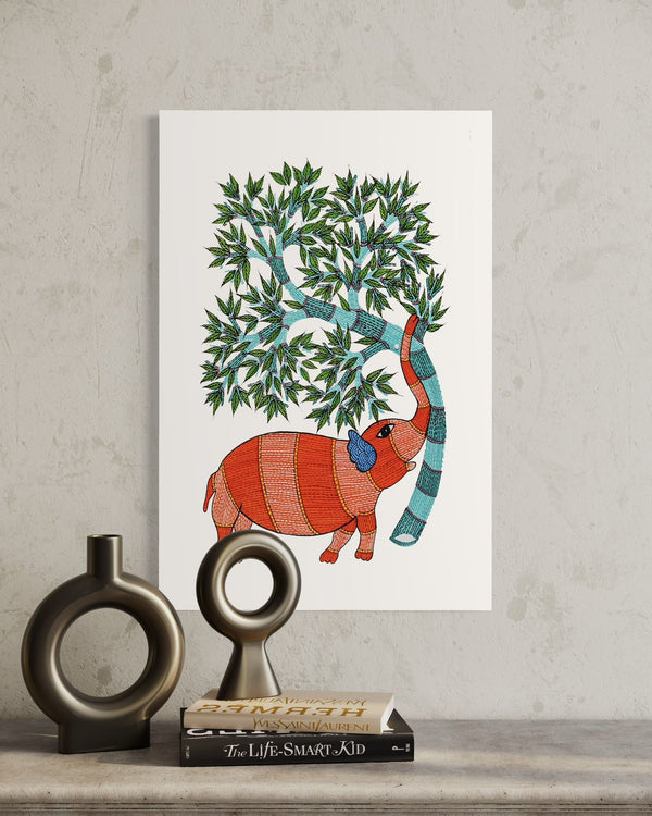 Elephant with a Tree - Gond Painting Canvas Giclee Print | Majestic Harmony