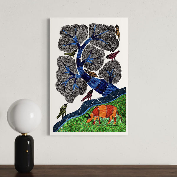 Bird and Tree Gond Art Canvas Print | Traditional Gond Tribal Arts | Whimsical Harmony