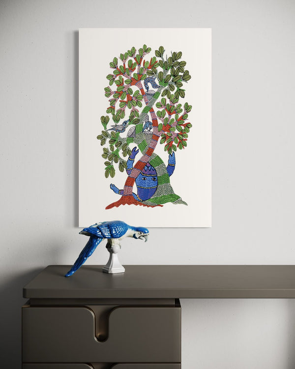 Gond Art Bliss: Bird of Life Canvas Giclee Print – A Symphony of Nature | Bird sitting in tree