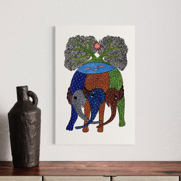 Gond Art Trio: Multicolor Three Elephant with Tree Canvas Print | Enchanting