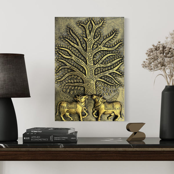 Pichwai cow with tree of life  3D Relief Mural Wall Art | Ready to Hang