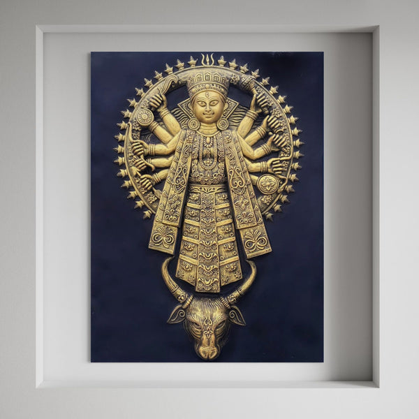 Goddess Durga 3D Relief Sculpture Mural Wall Art in Bronze & Golden (4X3 inches)