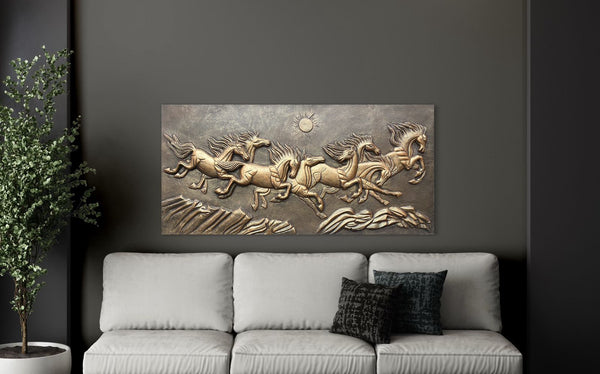 8 Horse 3D Relief Mural Wall Art | Majestic 8 Horses Relief Mural | Ready to Hang