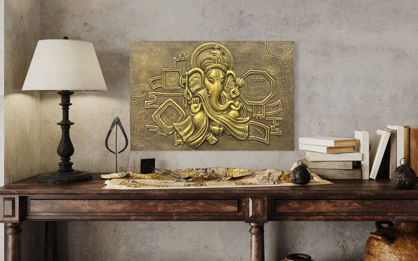 2x3 Feet 3D Ganesha Relief Mural in Fiberglass (Antique Golden & Antique Bronze and White) | Divine Ganesha