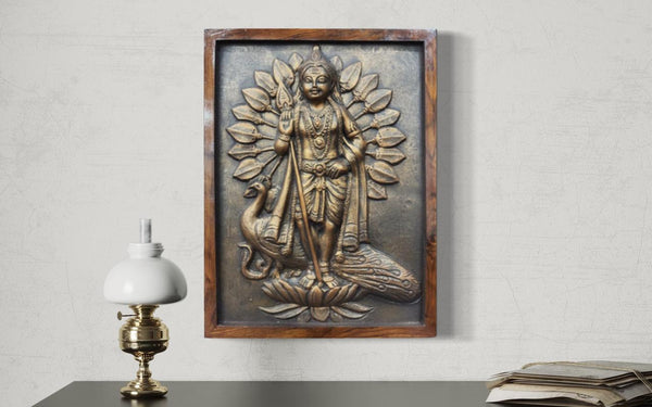 20X15 Inches Lord Murugan (God Kartikeya) 3D WALL Hanging Relief Mural