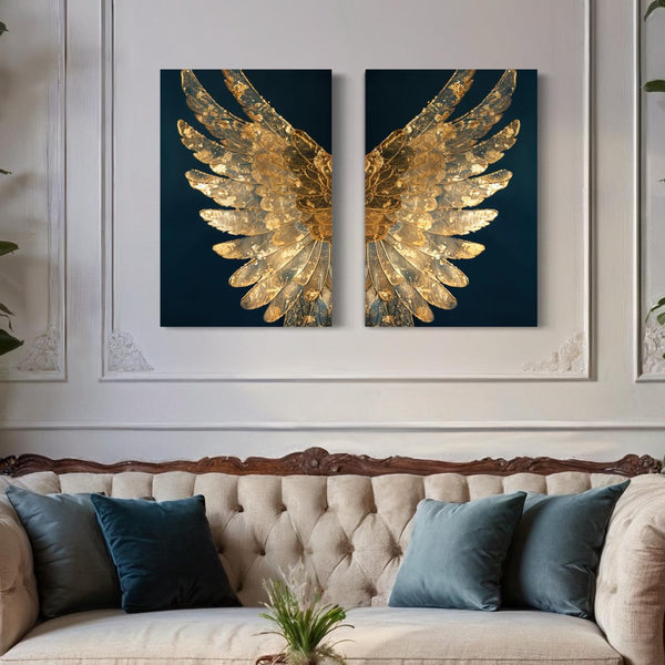 Set of 2 Modern Abstract Golden Angel Wings Canvas Prints | Modern Canvas Painting