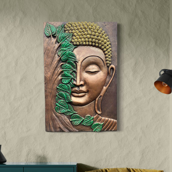 3X2 feet Buddha with green leaves 3D Relief Mural Wall Art | Ready to hang