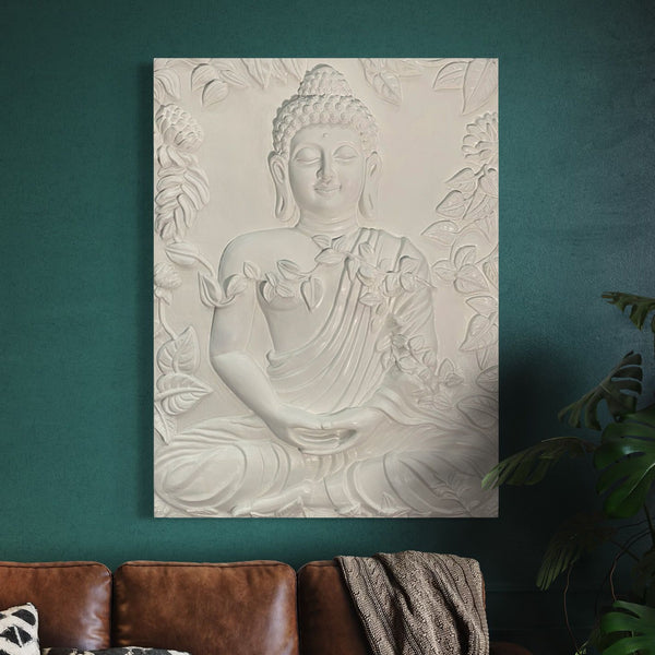 Buddha surrounded by leaves-Meditative Pose 3D Relief Mural Wall Art