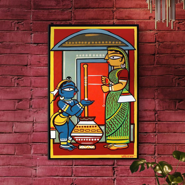 Bal Krishna With Yashoda (Mother) by jamini roy painting Premium Canvas Giclee Print | kalighat painting