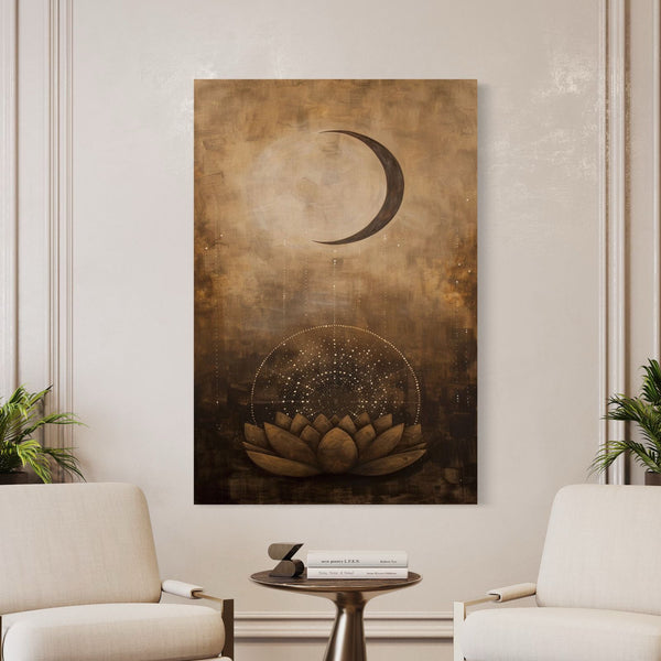 Crescent Moon & Lotus Canvas Giclée Print - Modern Abstract painting