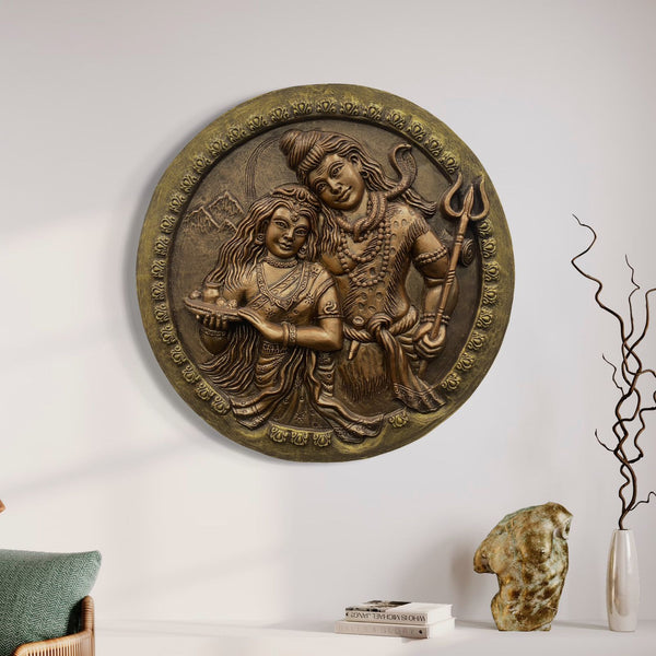 31X31 Inches Round Shiv Parvati 3D Relief Mural Wall Art | Ready to Hang