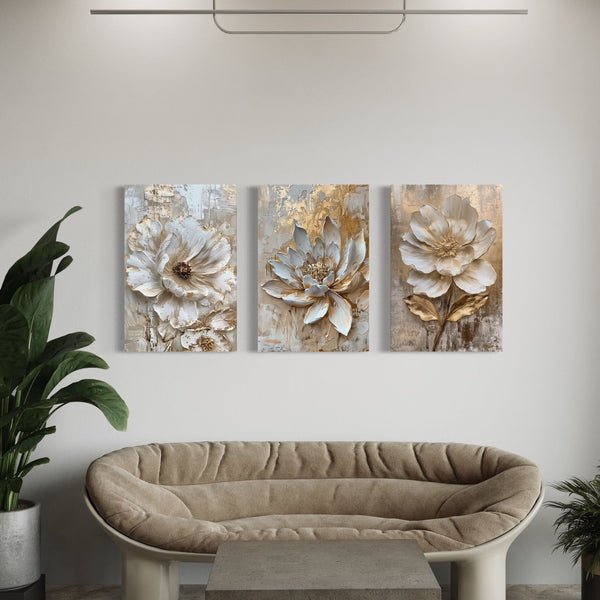Set of 3 Golden Grey Floral Abstract Canvas Giclee Prints