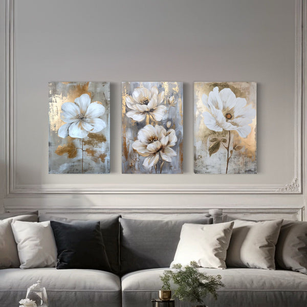 Exquisite Trio: White Floral Modern Abstract Canvas Giclee Prints