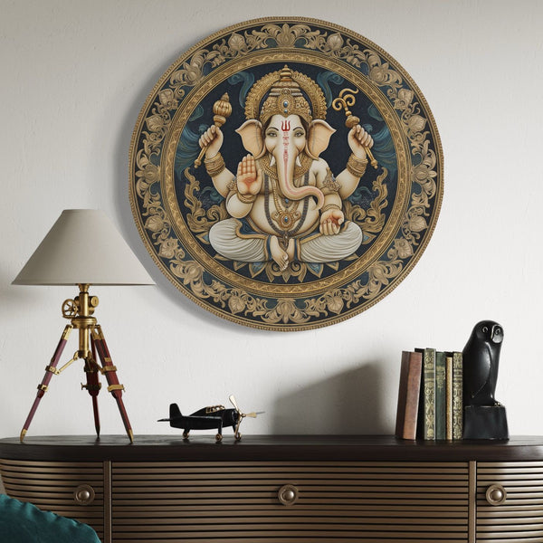 Round Lord Ganesha Canvas Giclee Print | Ganapati | Round Canvas Wall Art | Canvas wall plates