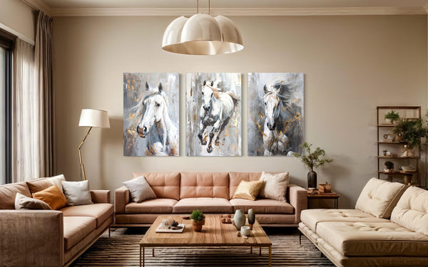 White Horse Trio Modern Abstract Canvas Giclee Print Set
