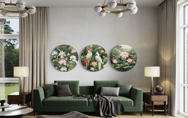 Pichwai Jungle Trio: Round Set of 3 Lotus Flower and Bird Duet Canvas Giclee Prints | Canvas Wall Plates | Round Canvas wall art