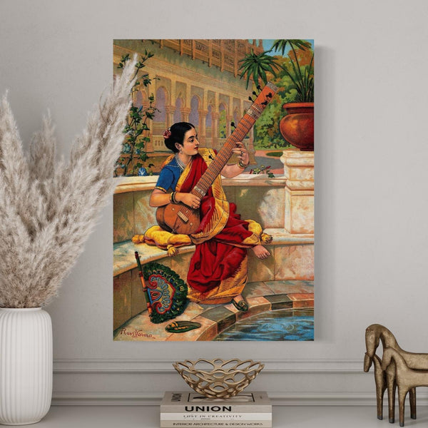 Indian woman playing Sitar by Raja Ravi Varma | Famous Canvas Painting