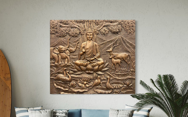 4X4.5 Feet Meditating Buddha in Natural Habitat: 3D Relief Mural Wall Art