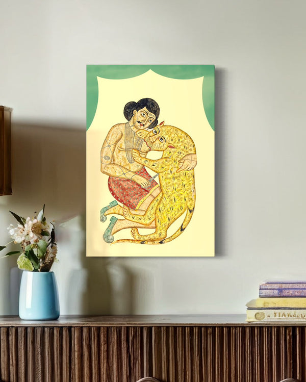 Shyamakanta wrestling with a tiger | Kalighat painting Canvas Giclee Print