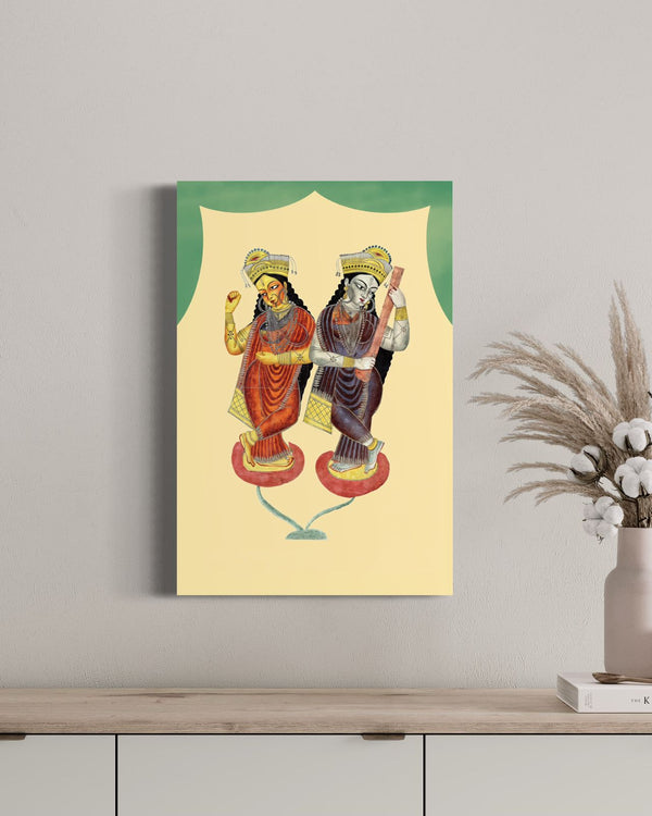 Hindu goddesses Lakshami and Saraswati playing castanets and a tambura | Kalighat Painting Canvas Giclee Print