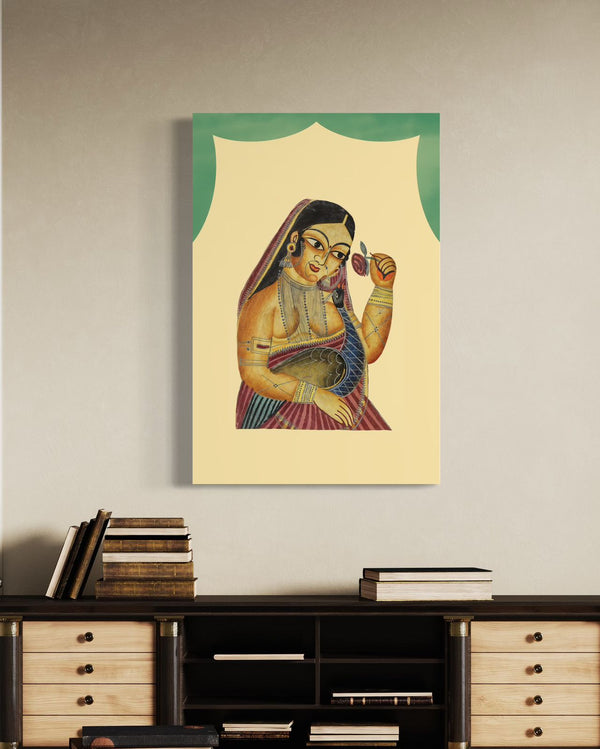 A lady holding a rose and a peacock | Kalighat Painting | Canvas Giclee Print