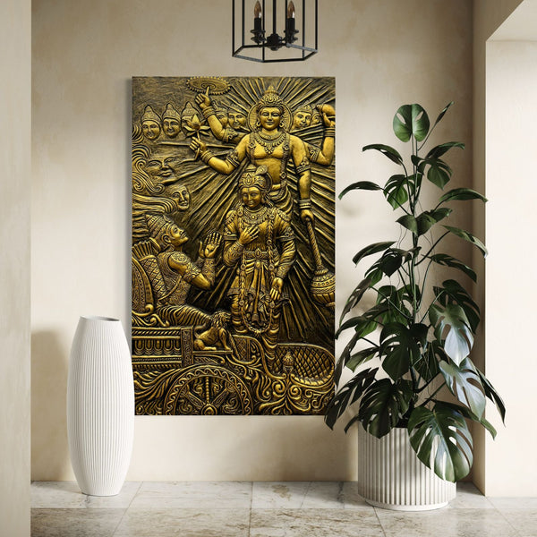 5X3 Feet Lord Krishna's Gita Updesh to Arjun 3D Relief Mural Wall Art – Majestic Bronze & Golden Masterpiece