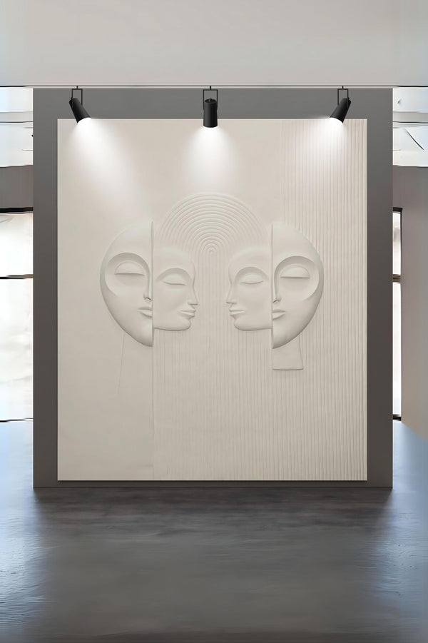 7X6 Feet Contemporary Abstract Face Relief Mural Wall Art in White and Off-White - Large Unframed