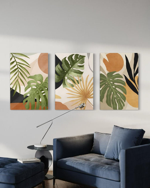 Set of 3 Boho Chic Botanical Canvas Prints - Nature-Inspired Wall Art