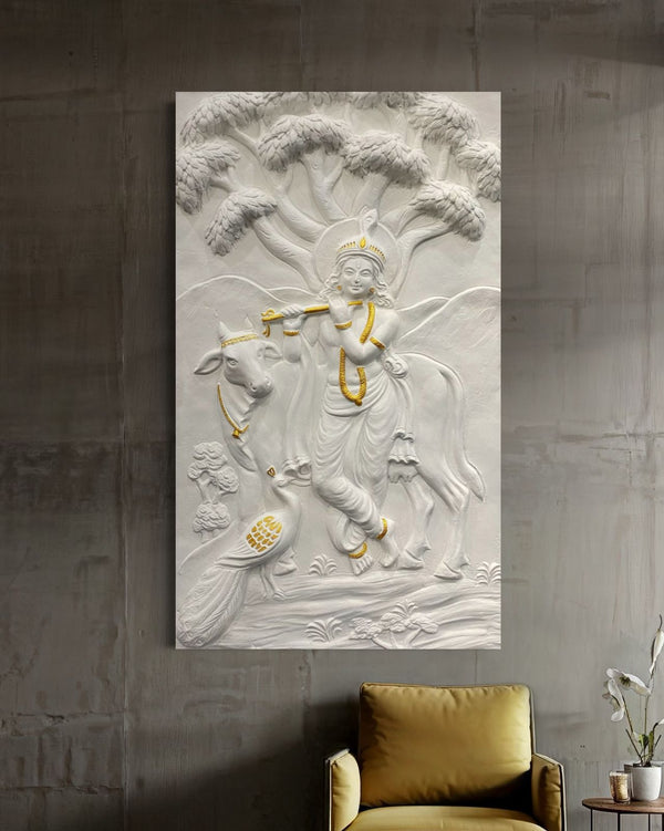 48X28 inches Divine Krishna with cow 3D Relief Mural