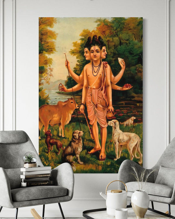 Dattatreya with His Four Dogs and Cow by Raja Ravi Varma Famous Canvas Painting