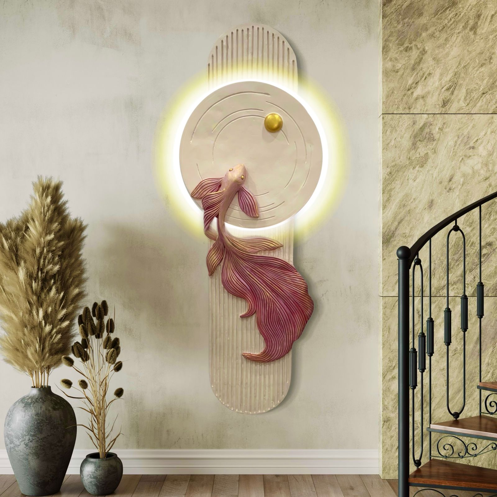 5X2 Feet Koi Fish 3d Abstract Relief Mural | Fish Wall Art | LED Light