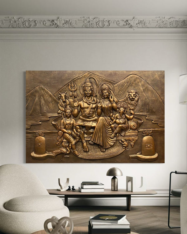 6X4 Feet Shiv Parivar 3D Relief Mural Wall Art Bronze & Golden Elegance