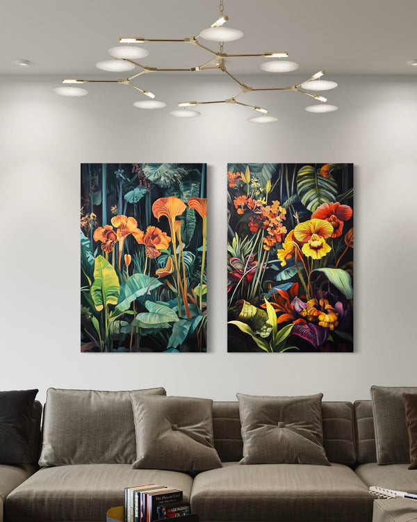 Set of 2 Abstract Tropical Flora Canvas Paintings – Modern Wall Art Decor