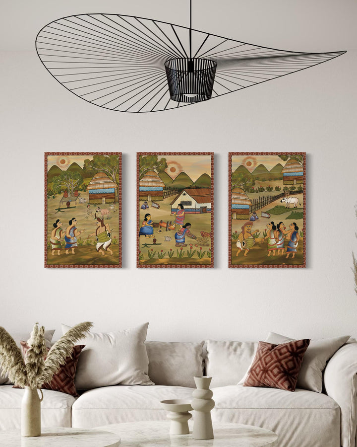 Set of 3 Tribal Dance | Village Life Canvas Paintings | Premium Giclee Prints | Jharkhand Arts