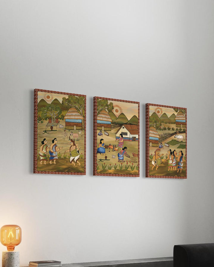 Set of 3 Tribal Dance | Village Life Canvas Paintings | Premium Giclee Prints | Jharkhand Arts