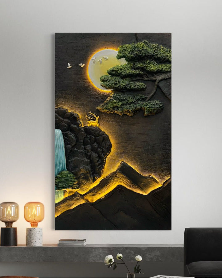 5X3 Feet Modern Abstract Mountain Tree and Sun 3d Relief Mural Wall Art With Led Light | Nature Inspired