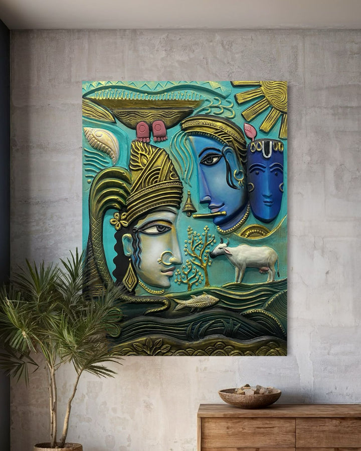 3x2 & 4x3 Feet Abstract Radha Krishna 3D Relief Mural Wall Art