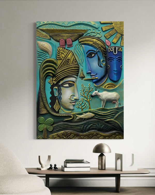 3x2 & 4x3 Feet Abstract Radha Krishna 3D Relief Mural Wall Art