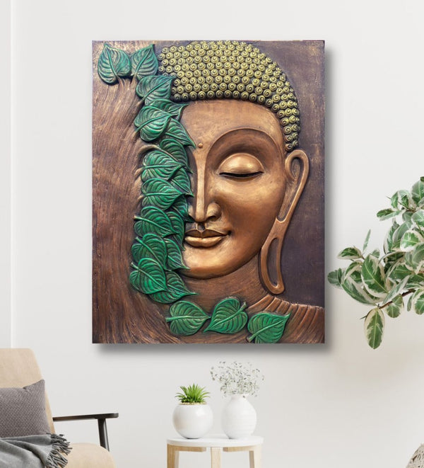 4X3 feet Large size 3D Buddha with green leaves Relief Mural Wall Art | Ready to hang