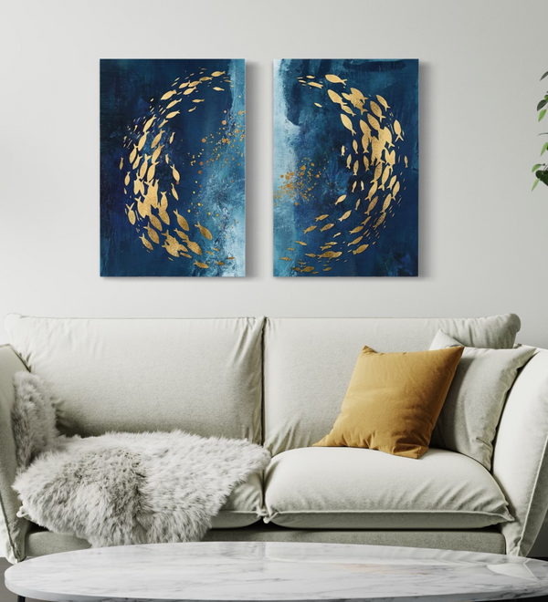 Modern Abstract Canvas Painting Ocean Abstract fishes Set of 2 | High Quality Giclee Print Gallery Wrapped | Ready to hang