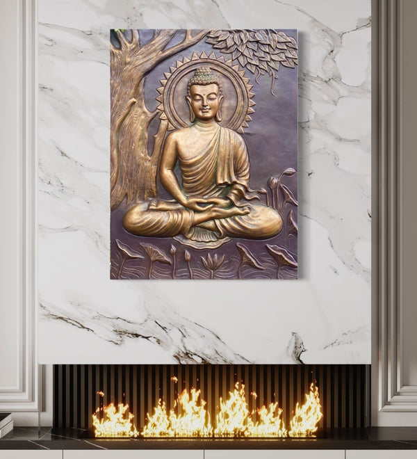 Large size Buddha Under Tree 3D Relief Mural in Bronze in size 4X3 feet | Ready to hang