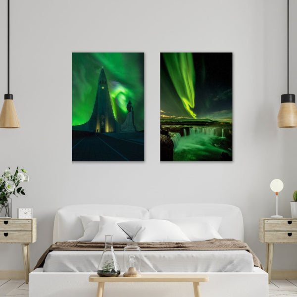 Northern lights (aurora borealis) Set of 2 Photographs on Canvas | High Quality Giclee Print Gallery Wrapped | Ready to hang