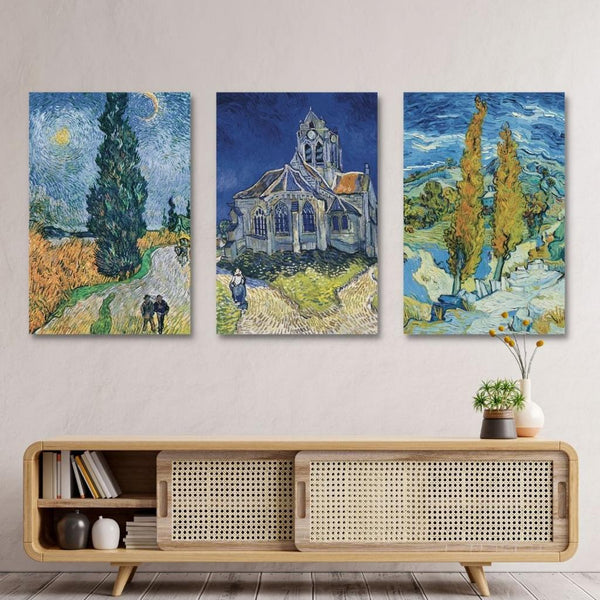 Road with Cypressand star, The church of Auvers and The poplars at Saint Remy- Set of 3 paintings by Vincent Van Gogh Large Size Canvas Painting | High Quality Giclee Print | Ready to hang